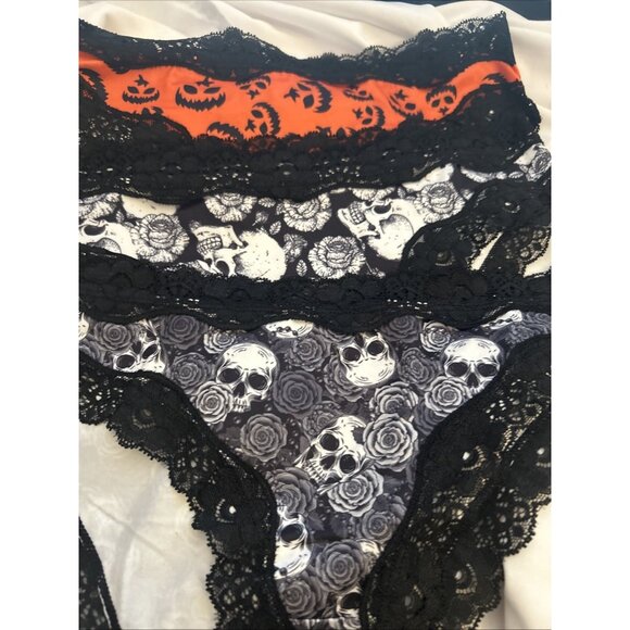 Morvia 3pk lace trim goth Skater Emo Goth panties M Blk Orange Flower Skull Jack - Picture 1 of 9